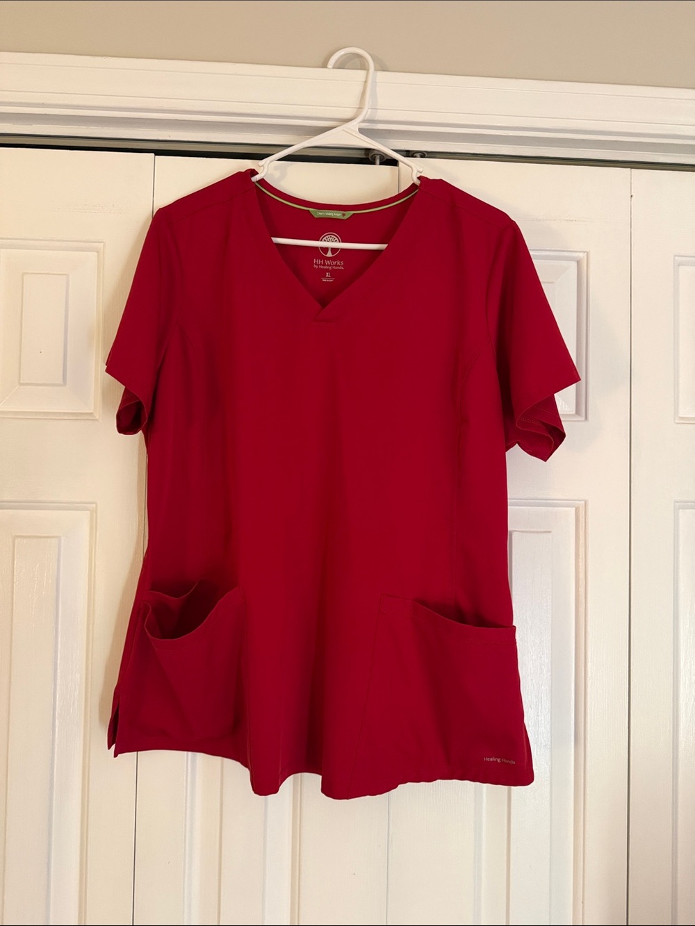 Healing Hands Women's Red V-Neck Scrub Top with Dual Pockets
